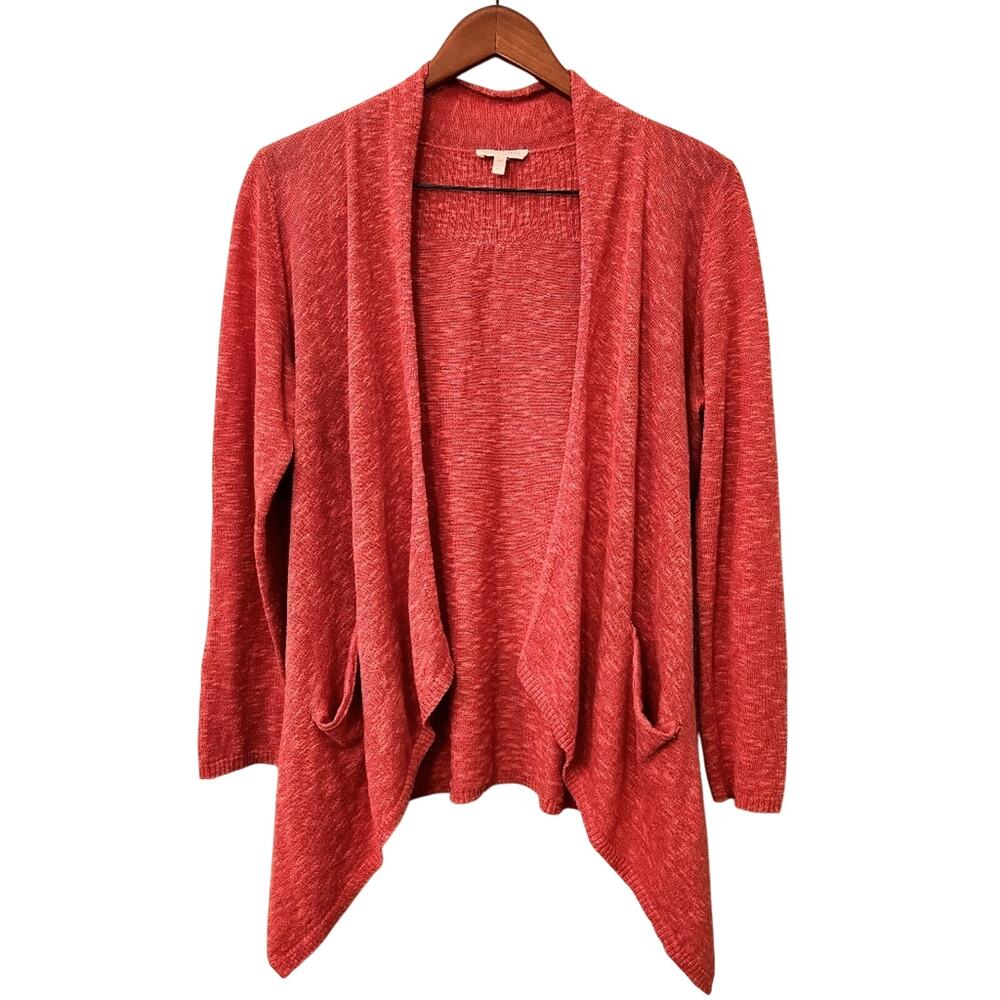 Eileen Fisher Women's Linen Blend Open Front Lightweight Cardigan Red Size MP